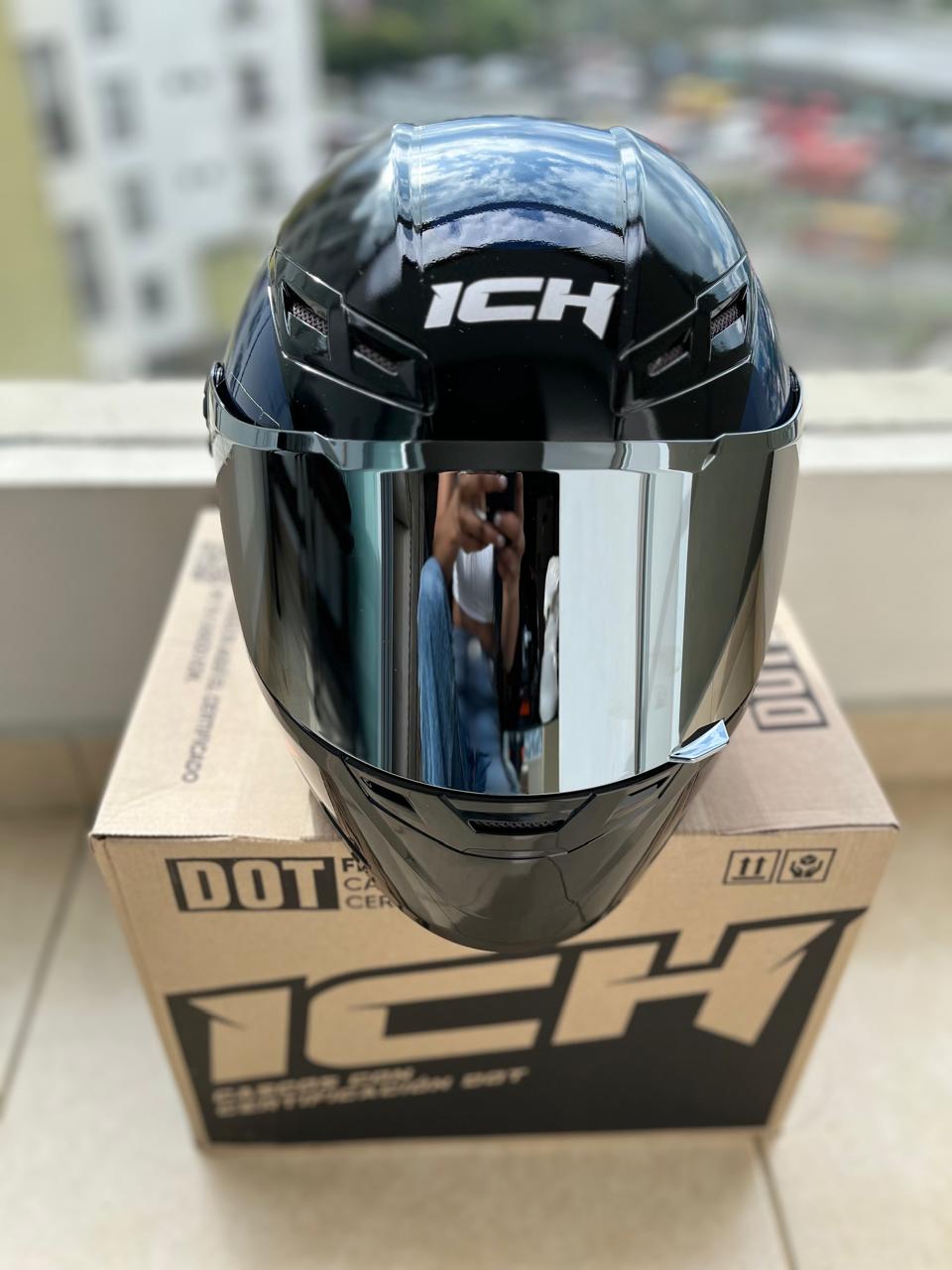 CASCO ICH 501 DEUS NARANJA Y AZUL VISERA PLATEADA