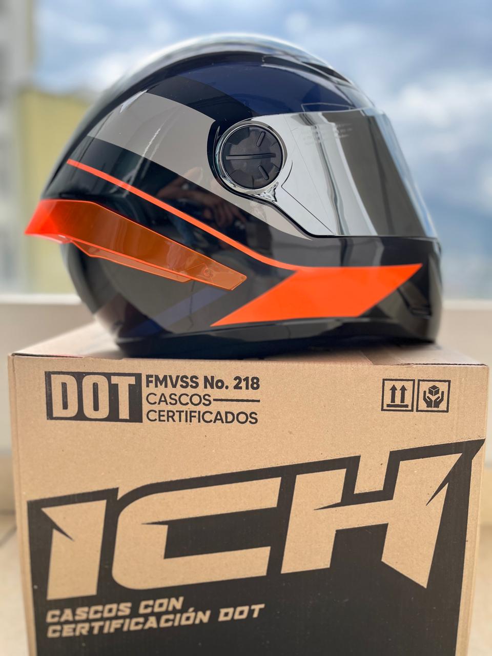 CASCO ICH 501 DEUS NARANJA Y AZUL VISERA PLATEADA