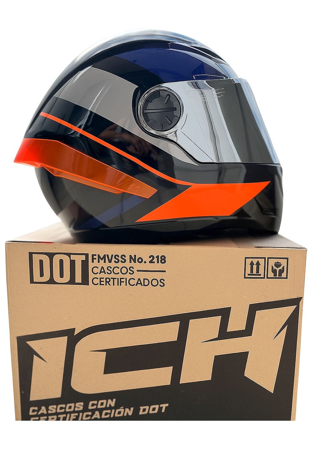 CASCO ICH 501 DEUS NARANJA Y AZUL VISERA PLATEADA