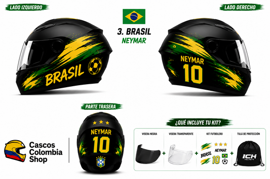 Casco ICH Moto Brasil Neymar  Mundial Fútbol Calcomanías Incluidas Doble Visera NEGRA Y TRANSPARENTE