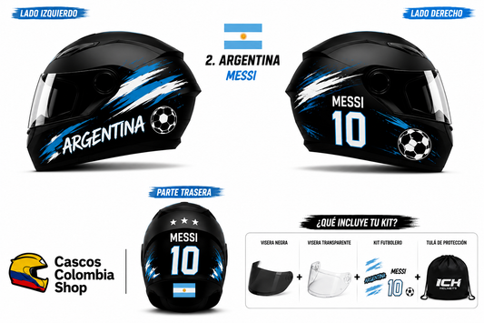 Casco ICH 501  Argentina  Mundial 2026 Doble Visera Negra y Transparente + Kit Mundialista Calcomanias Removible