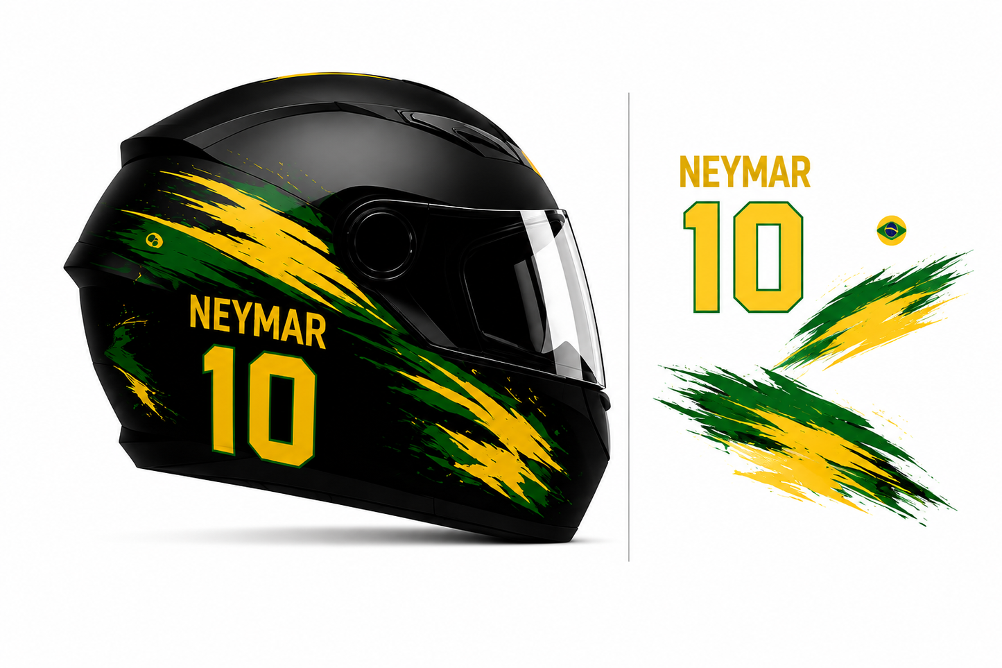 Casco ICH Moto Brasil Neymar  Mundial Fútbol Calcomanías Incluidas Doble Visera NEGRA Y TRANSPARENTE