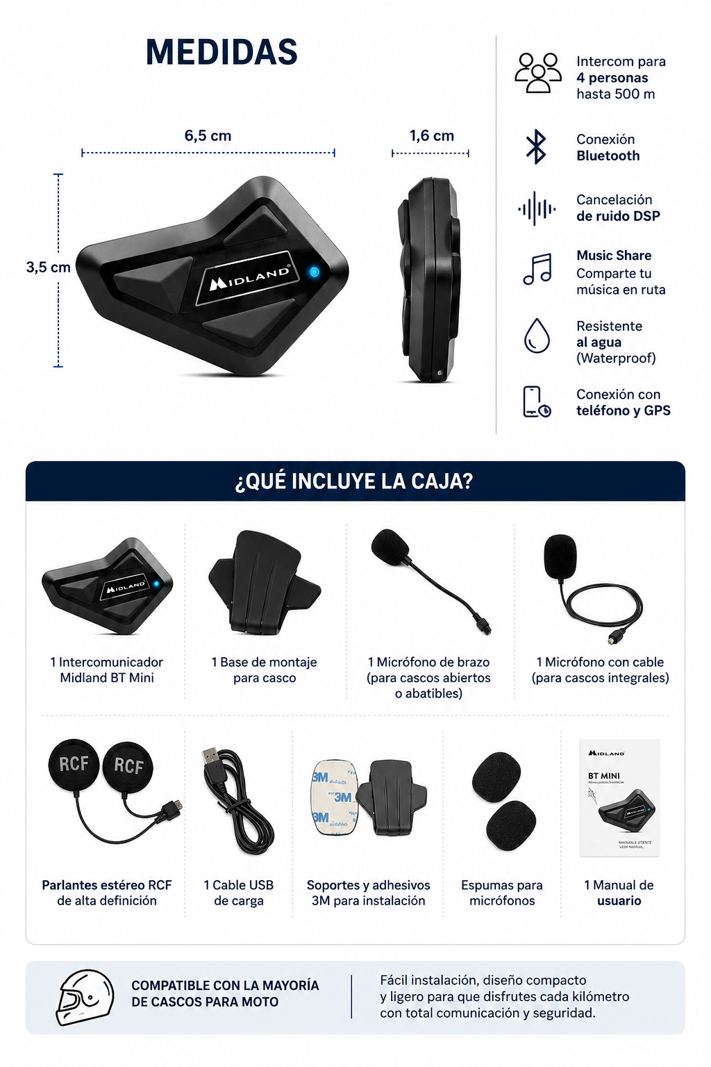 Intercomunicador Midland BT Mini para Casco de Moto Bluetooth | Intercom Moto Universal 4 Personas con Cancelación de Ruido, Música, GPS y Resistente al Agua