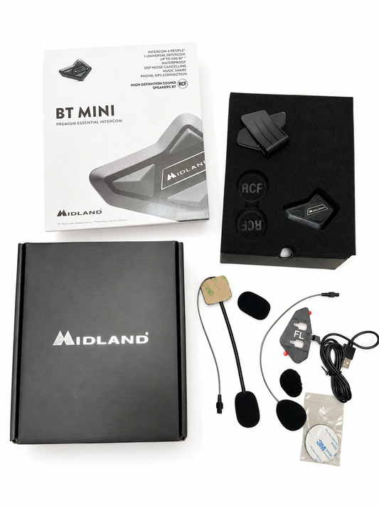 Intercomunicador Midland BT Mini para Casco de Moto Bluetooth | Intercom Moto Universal 4 Personas con Cancelación de Ruido, Música, GPS y Resistente al Agua