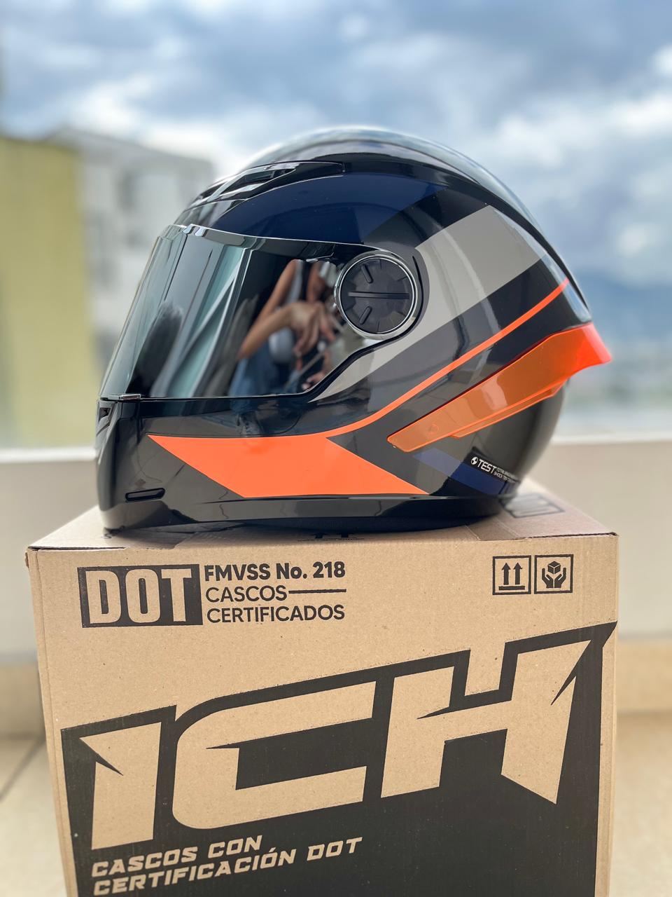 CASCO ICH 501 DEUS NARANJA Y AZUL VISERA PLATEADA