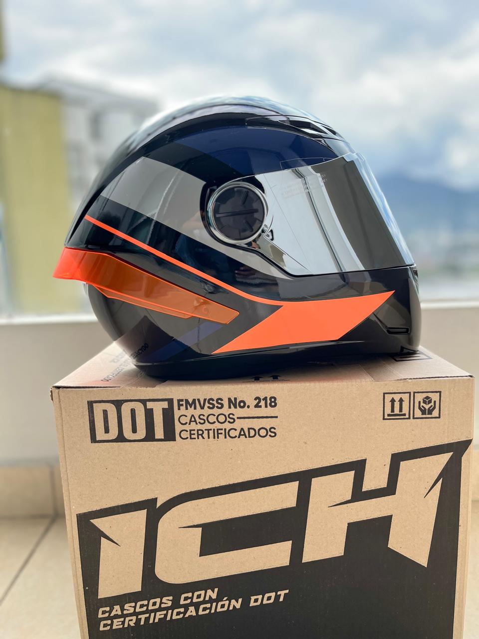 CASCO ICH 501 DEUS NARANJA Y AZUL VISERA PLATEADA